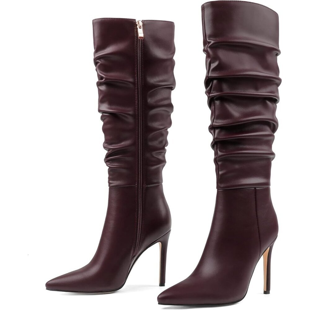 〽️Women's Slouchy Coleter Knee High Pointed Toe Stiletto Buckle Dress Boots